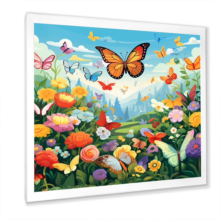Orange Monarch Butterfly Idyllic Flower field - Butterfly Canvas Wall Art