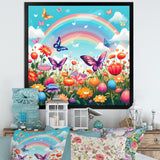Purple Butterflies Idyllic Rainbow Flower field - Butterfly Canvas Wall Art
