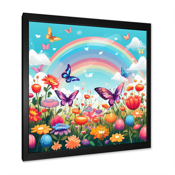 Purple Butterflies Idyllic Rainbow Flower field - Butterfly Canvas Wall Art