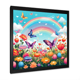 Purple Butterflies Idyllic Rainbow Flower field - Butterfly Canvas Wall Art