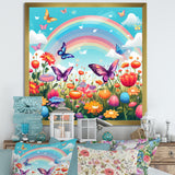 Purple Butterflies Idyllic Rainbow Flower field - Butterfly Canvas Wall Art