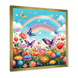 Purple Butterflies Idyllic Rainbow Flower field - Butterfly Canvas Wall Art