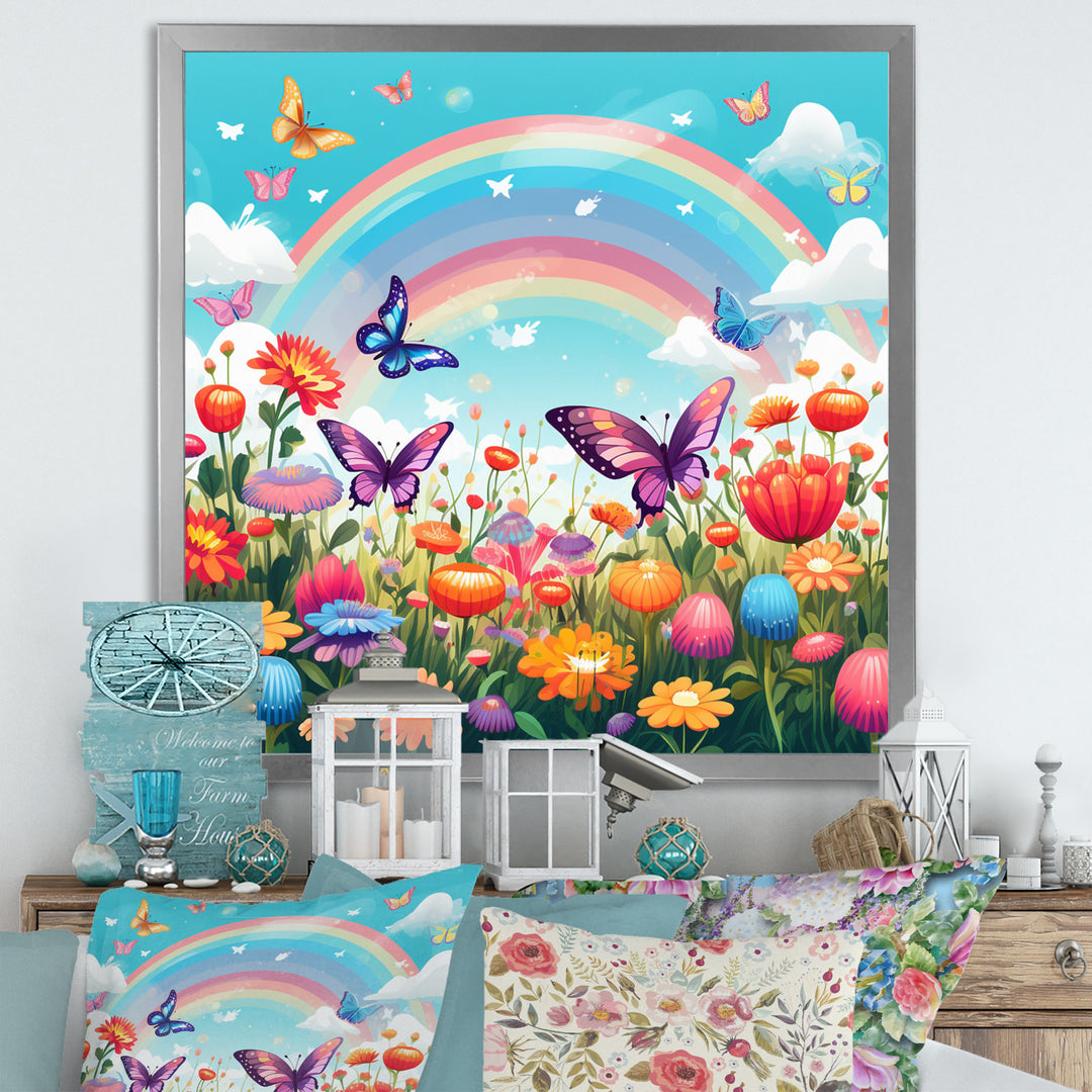 Purple Butterflies Idyllic Rainbow Flower field - Butterfly Canvas Wall Art