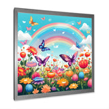 Purple Butterflies Idyllic Rainbow Flower field - Butterfly Canvas Wall Art