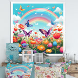 Purple Butterflies Idyllic Rainbow Flower field - Butterfly Canvas Wall Art