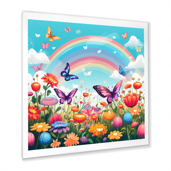 Purple Butterflies Idyllic Rainbow Flower field - Butterfly Canvas Wall Art