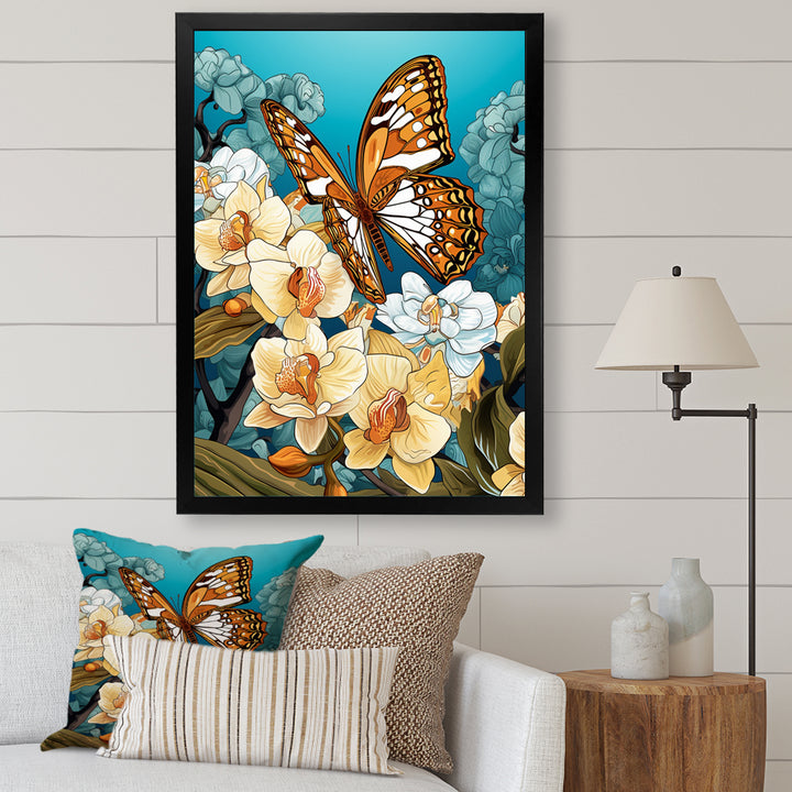 Gracious Brown Butterfly On Orchids Retro - Butterfly Wall Decor