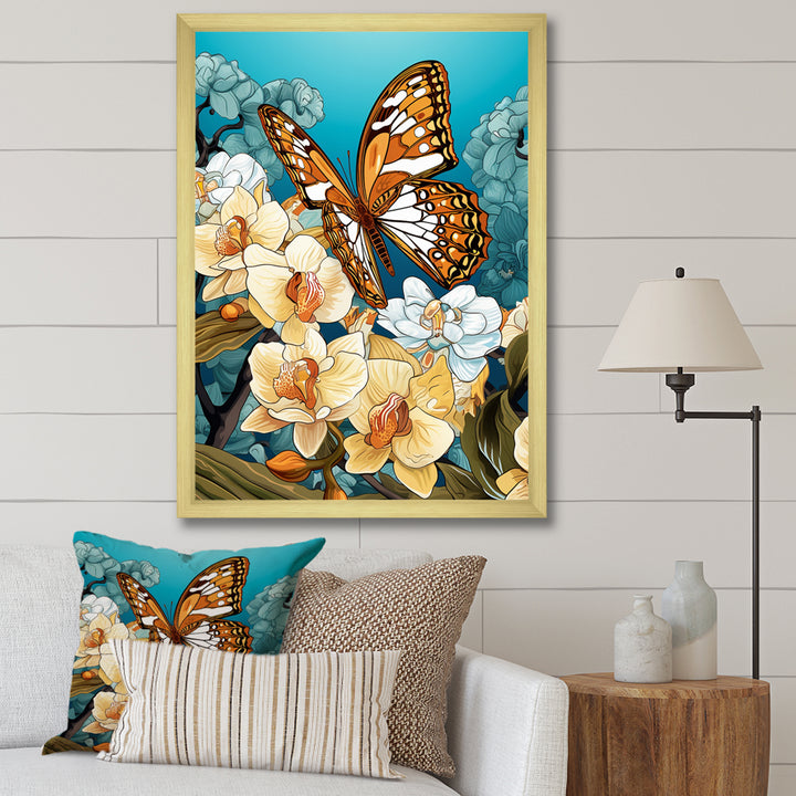Gracious Brown Butterfly On Orchids Retro - Butterfly Wall Decor