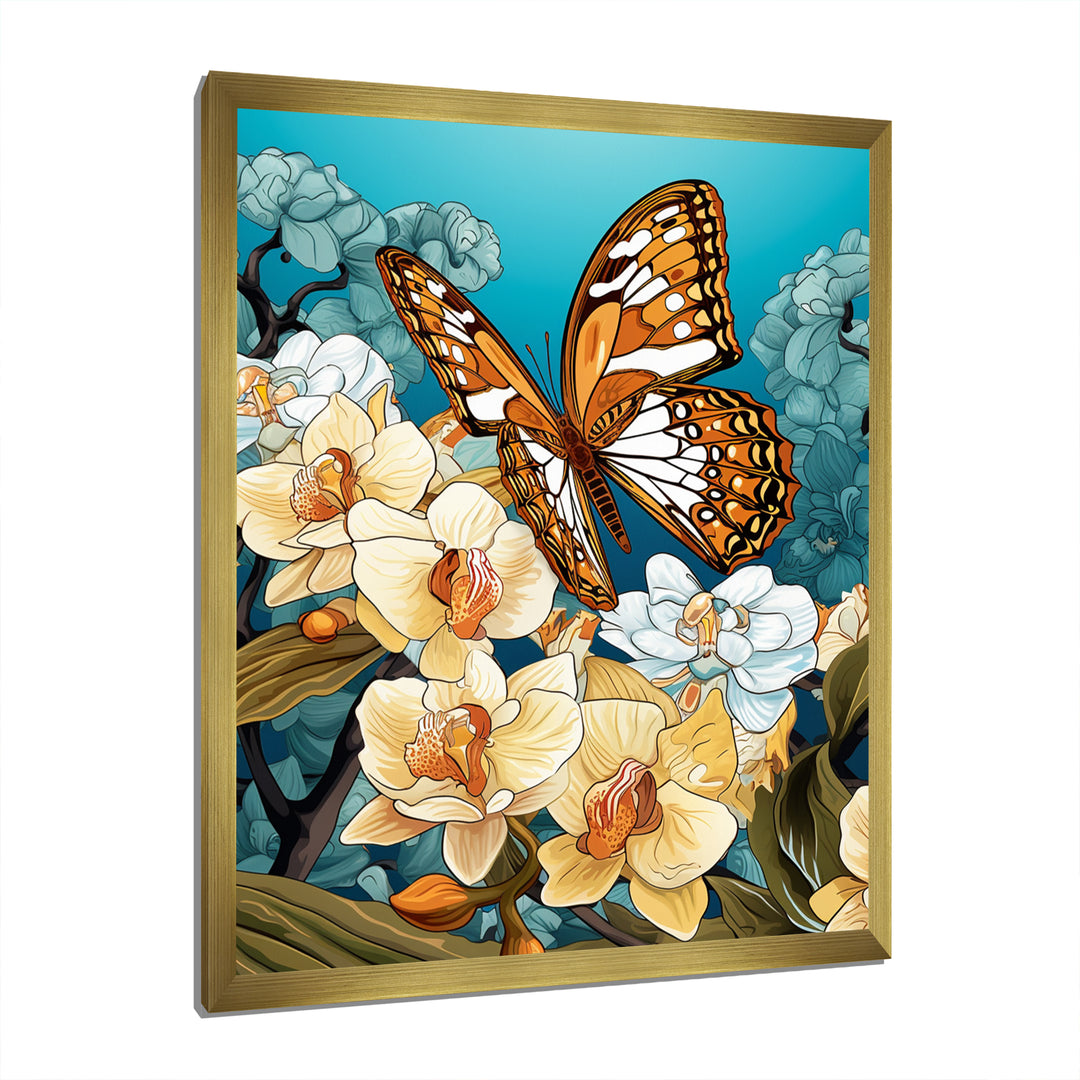 Gracious Brown Butterfly On Orchids Retro - Butterfly Wall Decor
