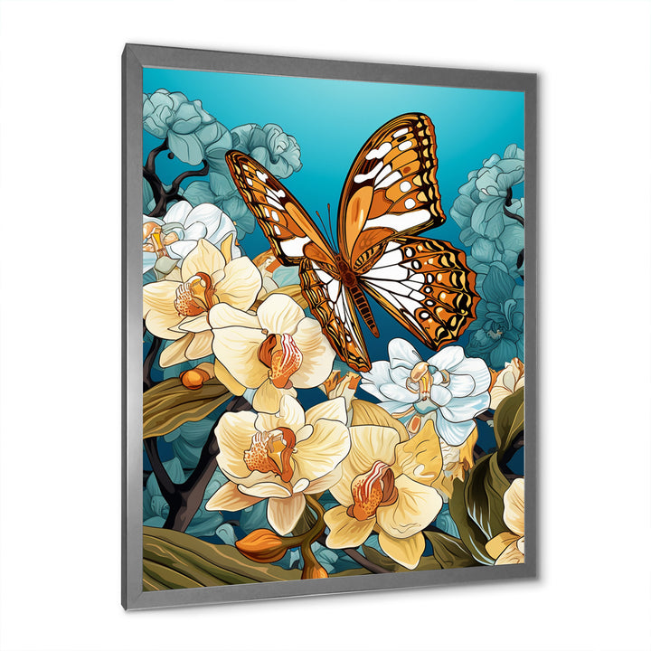 Gracious Brown Butterfly On Orchids Retro - Butterfly Wall Decor