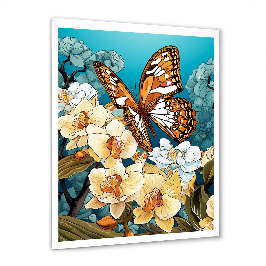 Gracious Brown Butterfly On Orchids Retro - Butterfly Wall Decor
