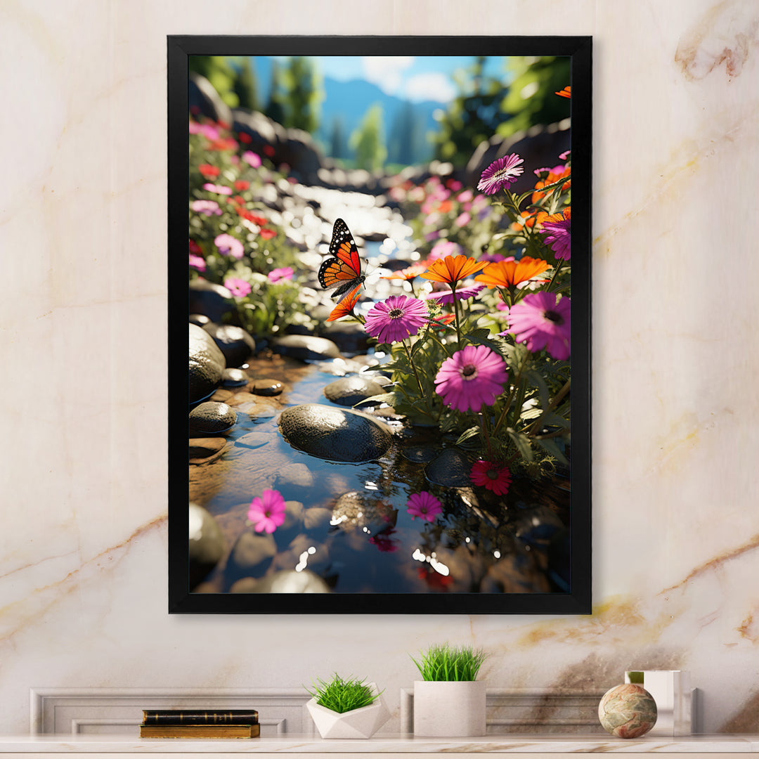 Orange Monarch Butterfly Flowerful Stream - Butterfly Home Decor Art