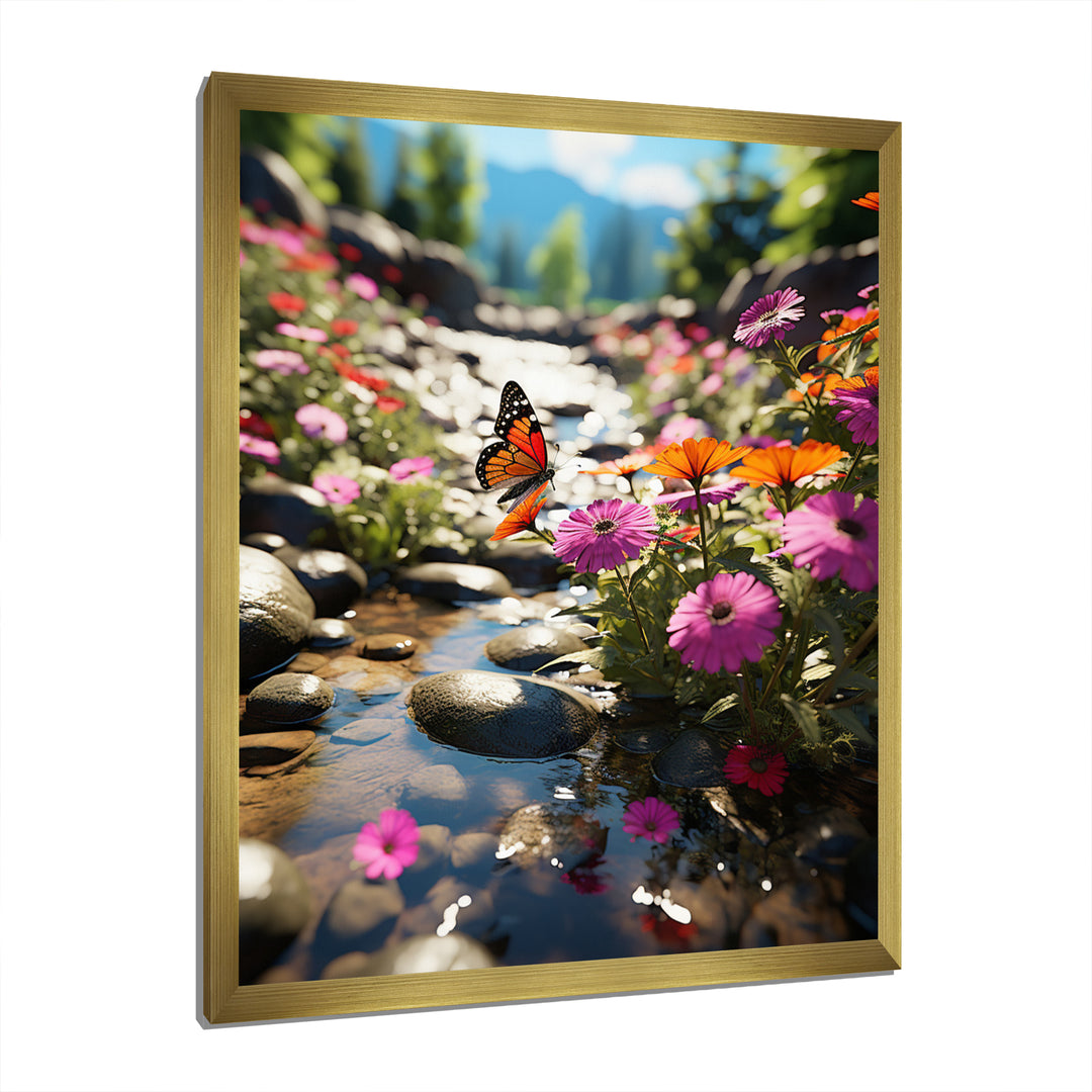 Orange Monarch Butterfly Flowerful Stream - Butterfly Home Decor Art