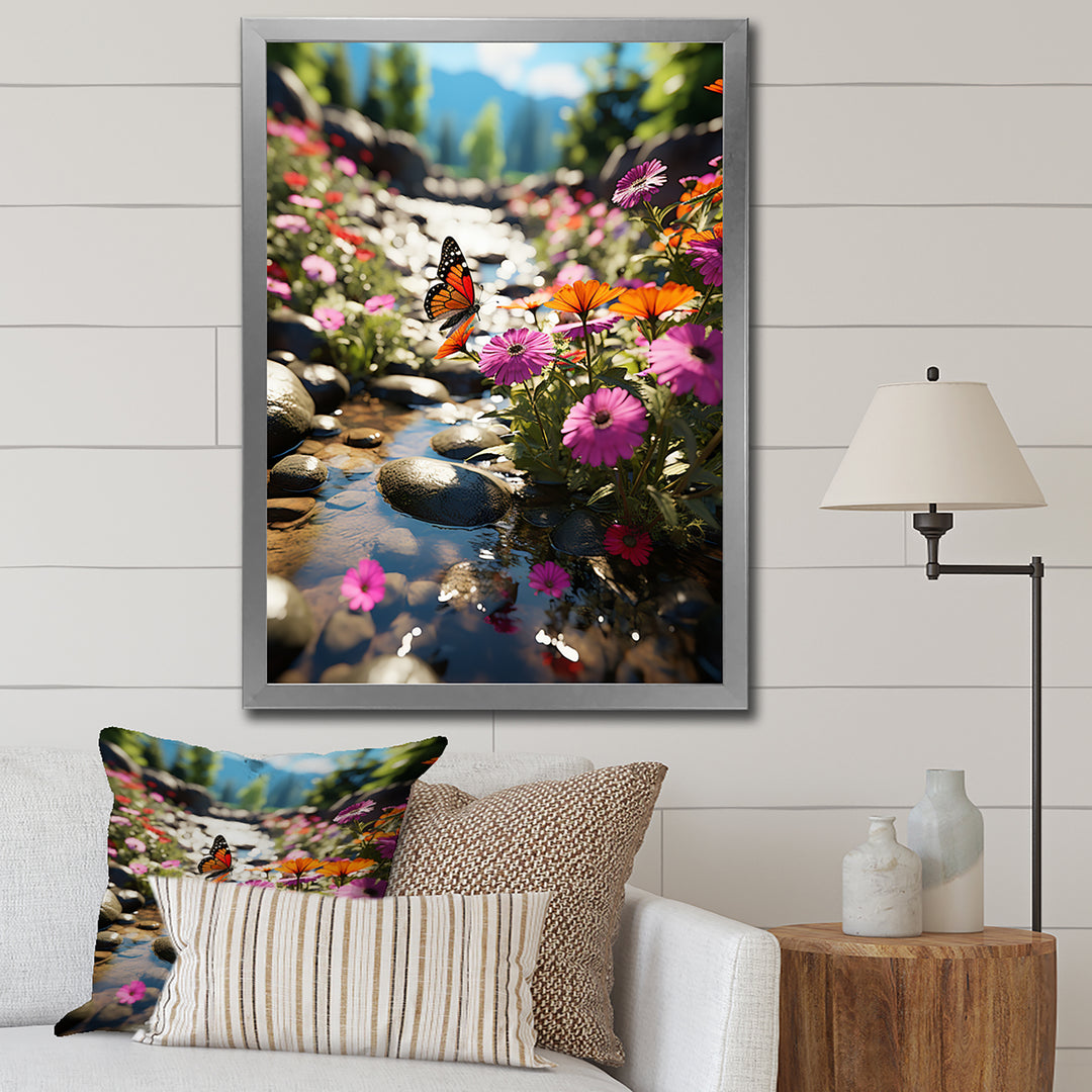 Orange Monarch Butterfly Flowerful Stream - Butterfly Home Decor Art