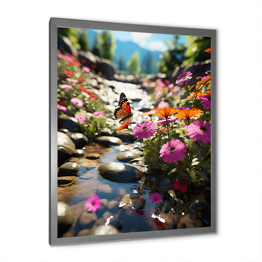 Orange Monarch Butterfly Flowerful Stream - Butterfly Home Decor Art