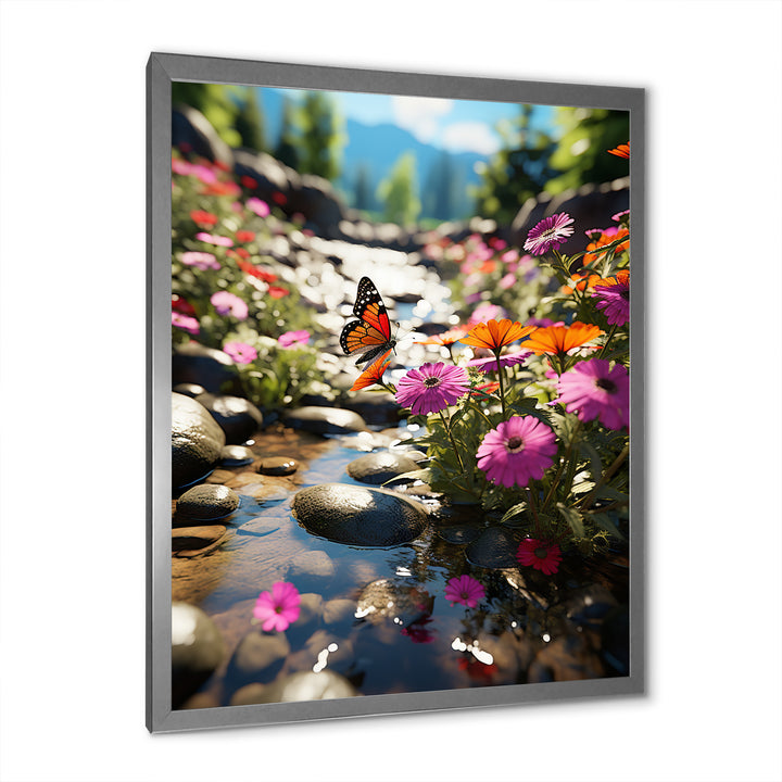 Orange Monarch Butterfly Flowerful Stream - Butterfly Home Decor Art