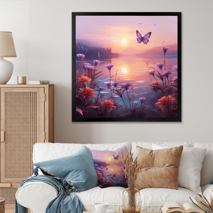 Pink Butterfly Magical Sunset - Butterfly Living Room Wall Art