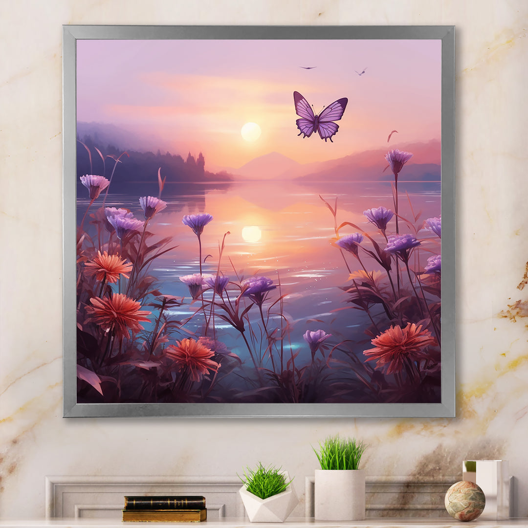 Pink Butterfly Magical Sunset - Butterfly Living Room Wall Art