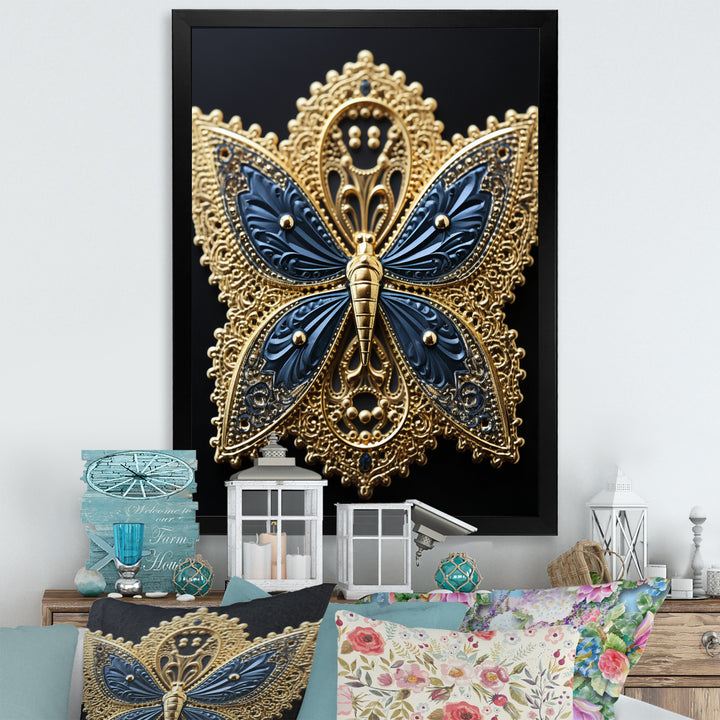 Retro Depiction Of Gold And Blue Butterfly - Butterfly Wall Decor