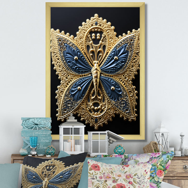 Retro Depiction Of Gold And Blue Butterfly - Butterfly Wall Decor