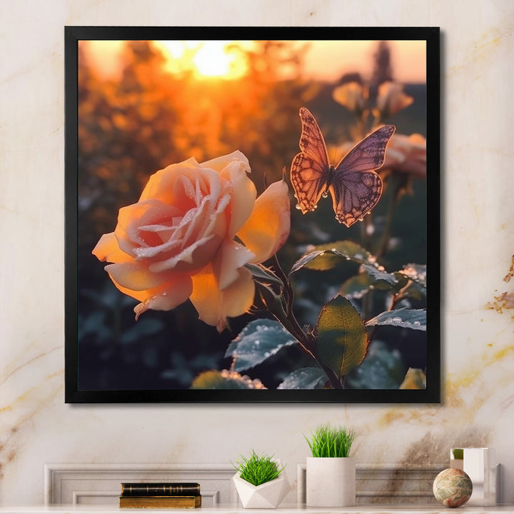 Butterfly On Pink Rose During Sunrise - Butterfly Wall Decor
