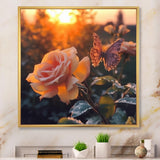 Butterfly On Pink Rose During Sunrise - Butterfly Wall Decor