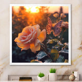 Butterfly On Pink Rose During Sunrise - Butterfly Wall Decor