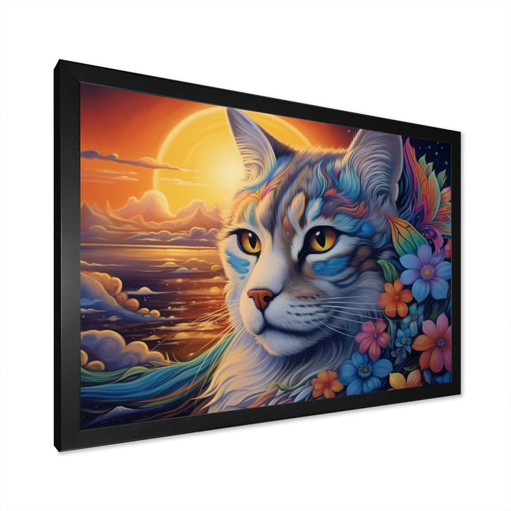 Glorious Cat With Rainbows Flower At Sunset - Cat Canvas Wall Art
