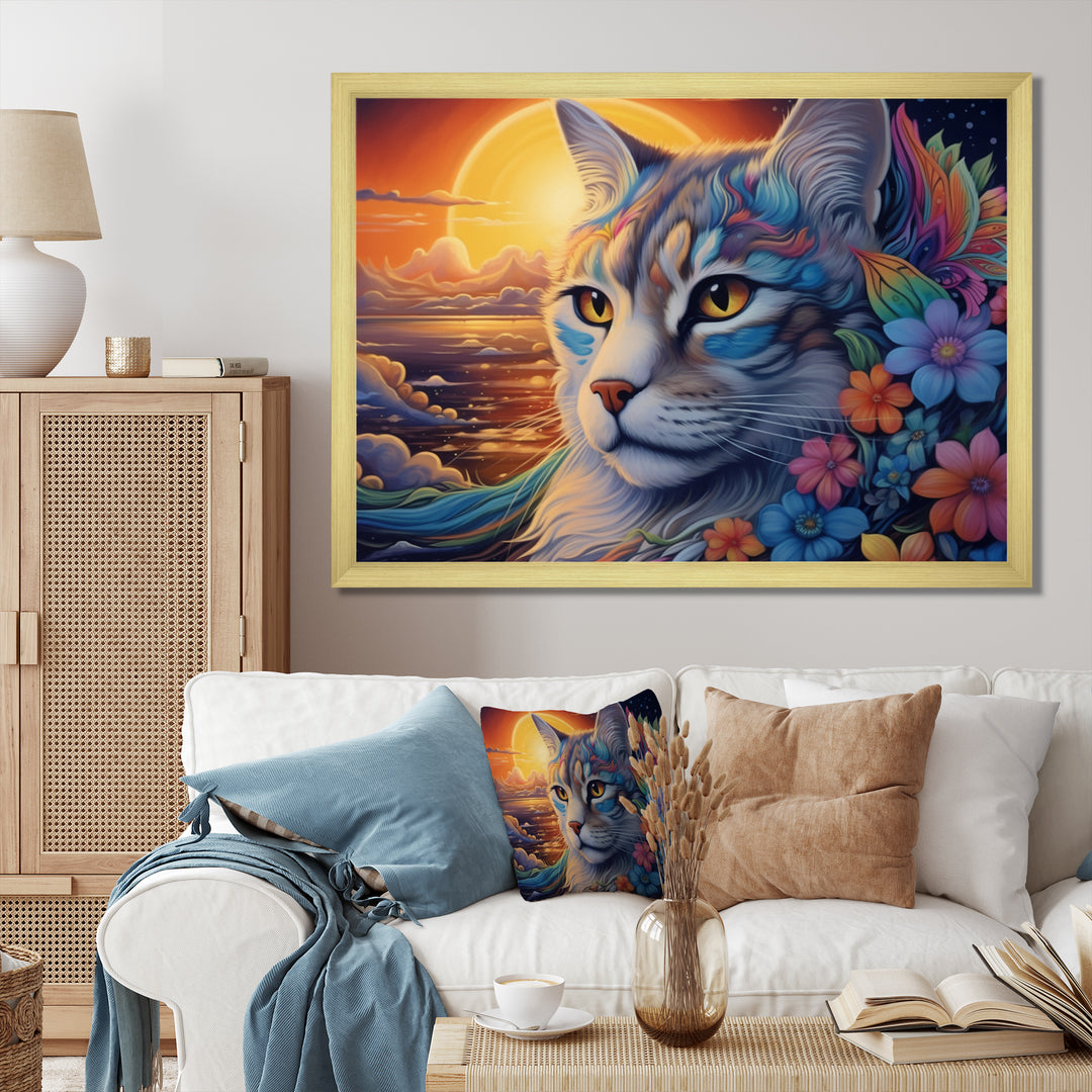Glorious Cat With Rainbows Flower At Sunset - Cat Canvas Wall Art