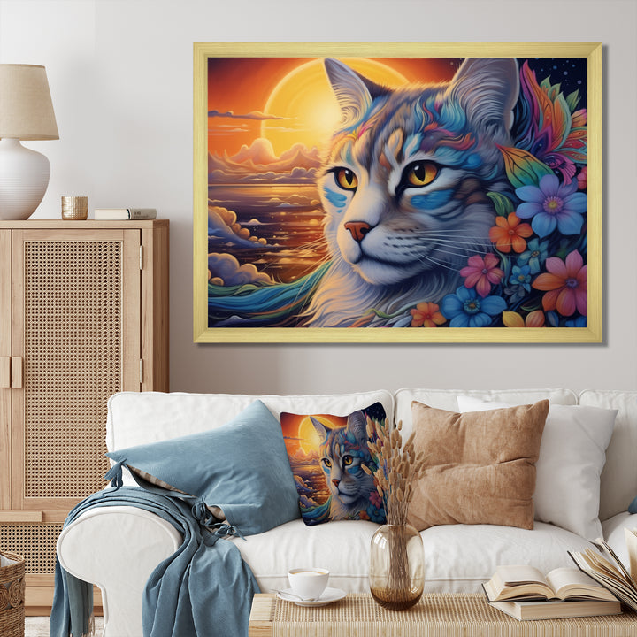 Glorious Cat With Rainbows Flower At Sunset - Cat Canvas Wall Art