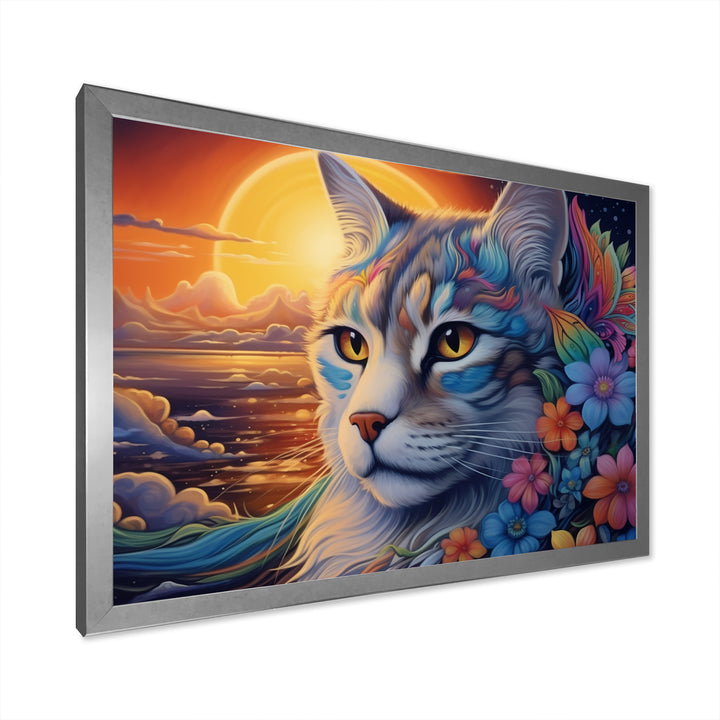 Glorious Cat With Rainbows Flower At Sunset - Cat Canvas Wall Art