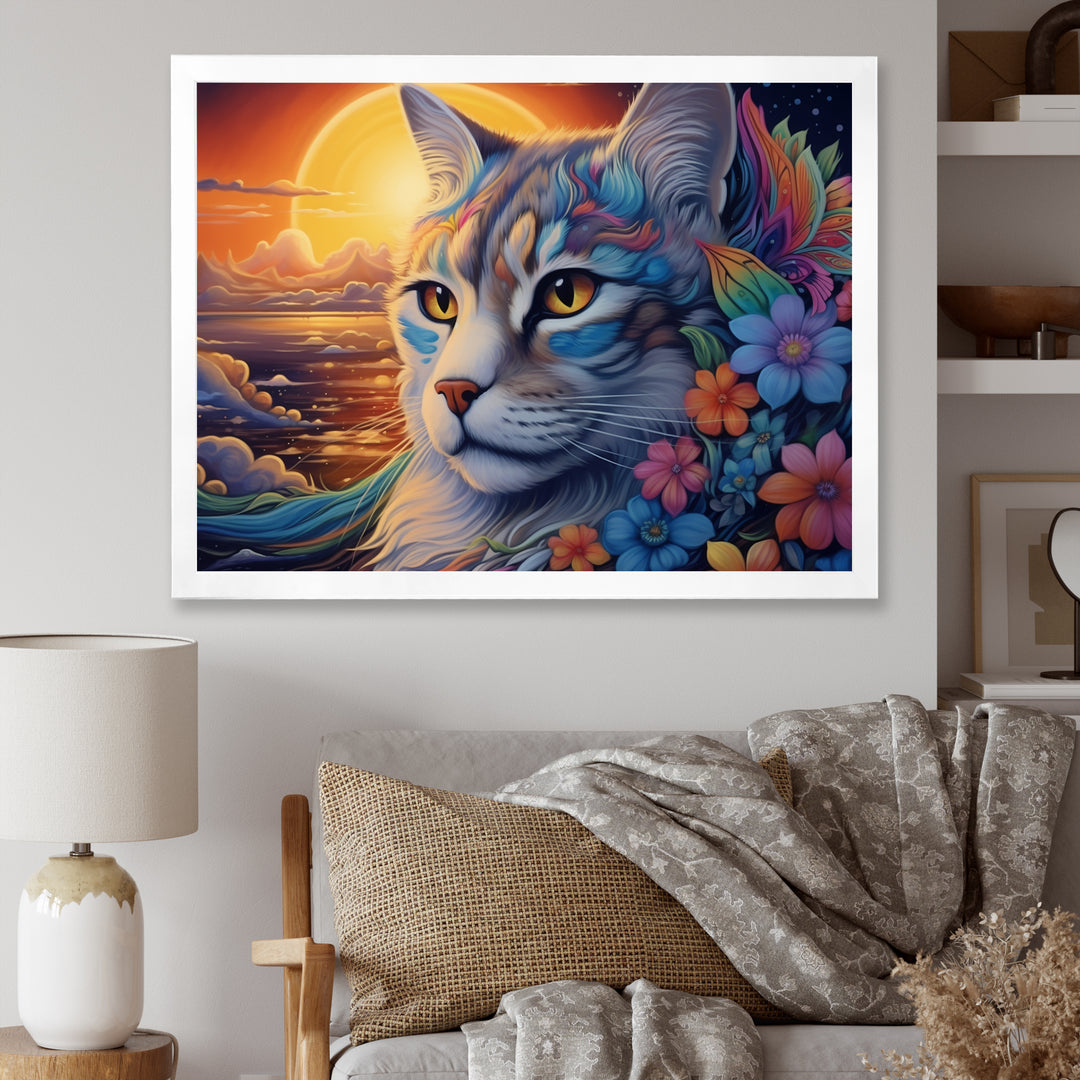 Glorious Cat With Rainbows Flower At Sunset - Cat Canvas Wall Art