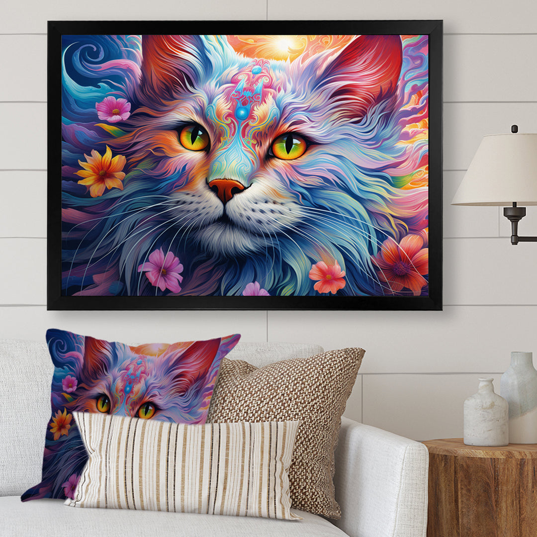 Portrait Of A Majestic Cat With Flowers - Cat Wall Decor