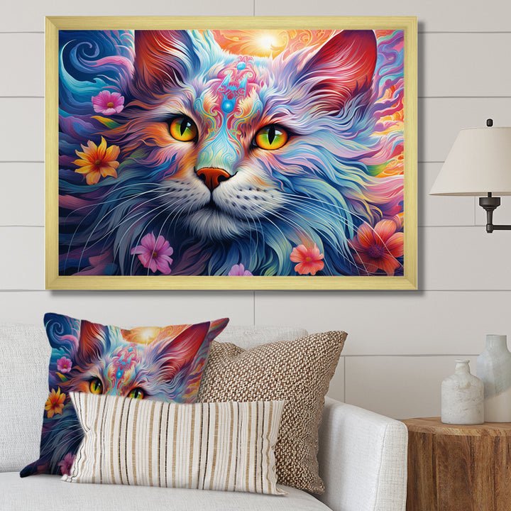 Portrait Of A Majestic Cat With Flowers - Cat Wall Decor