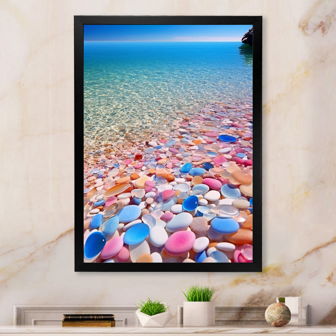 Turquoise Pink Pebbles On Paradise Ocean Beach - Red Cat Wall Art