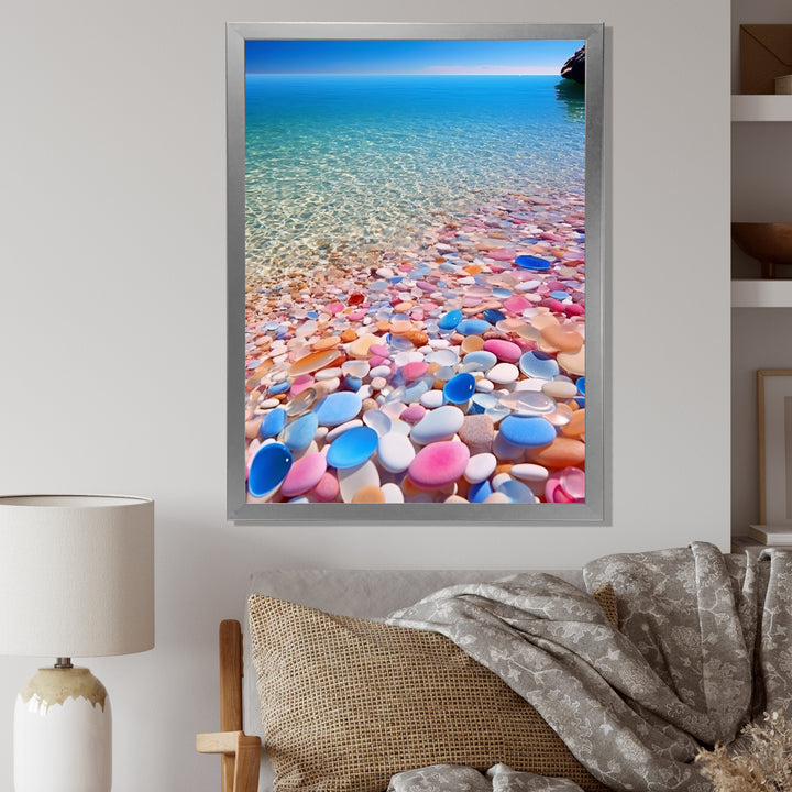 Turquoise Pink Pebbles On Paradise Ocean Beach - Red Cat Wall Art