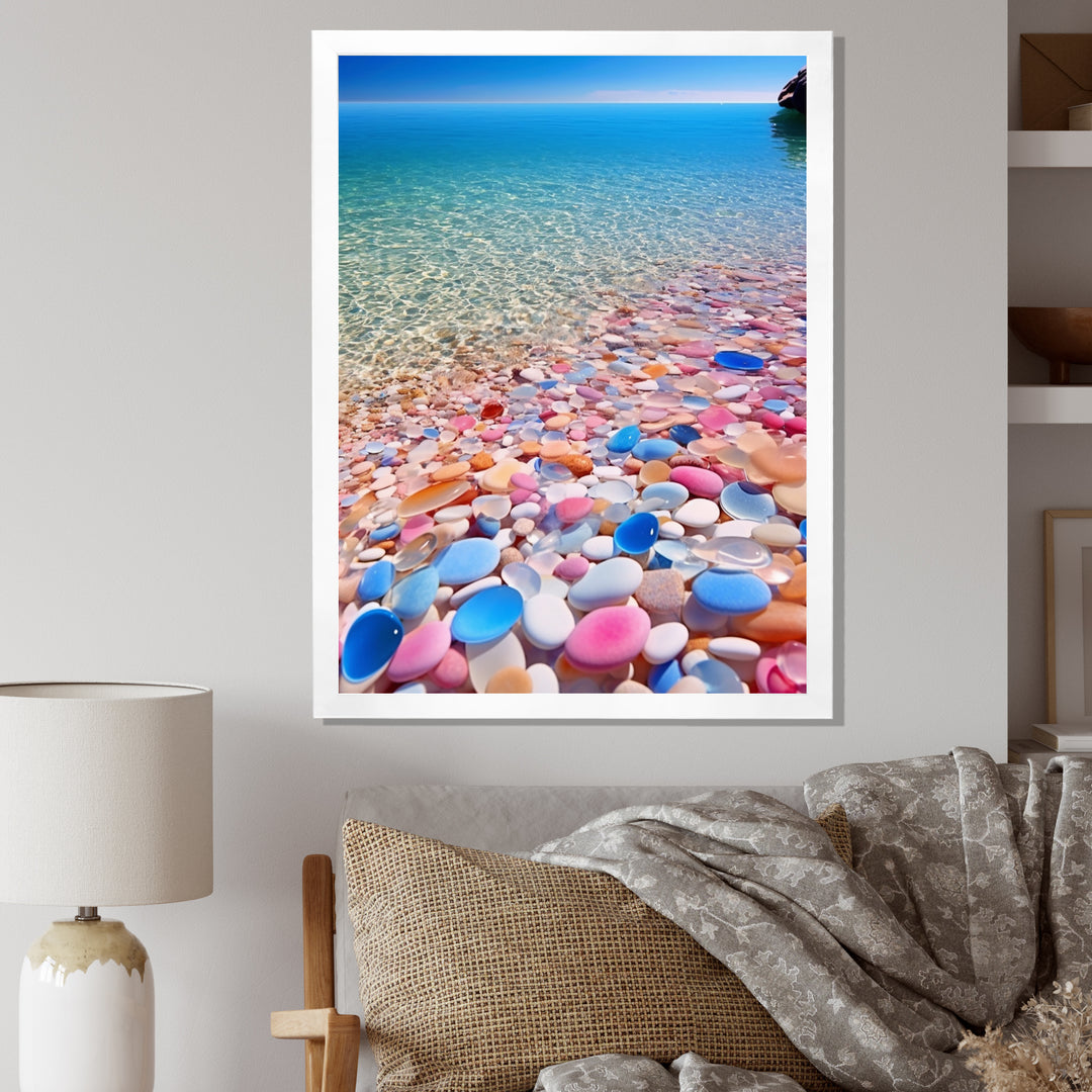 Turquoise Pink Pebbles On Paradise Ocean Beach - Red Cat Wall Art