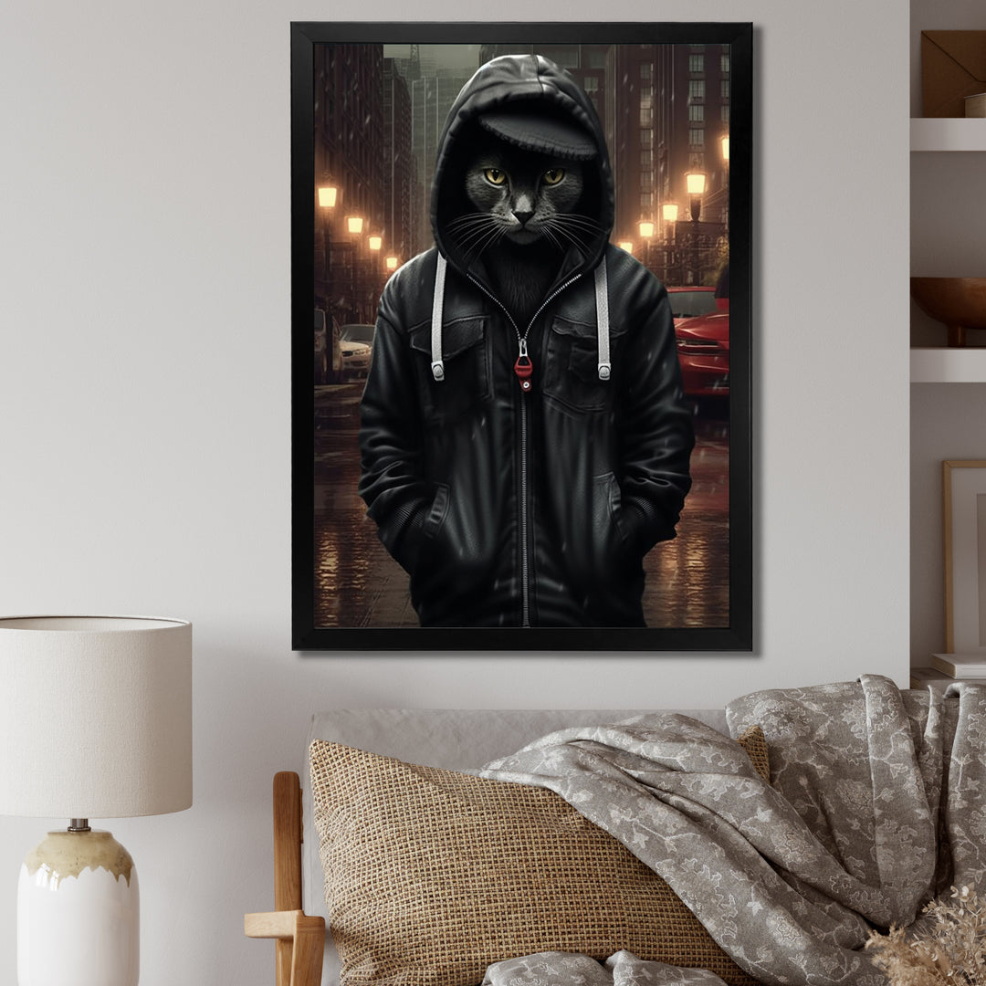 Cool Cat In Black Hoody Street Cred - Cat Framed Canvas Art