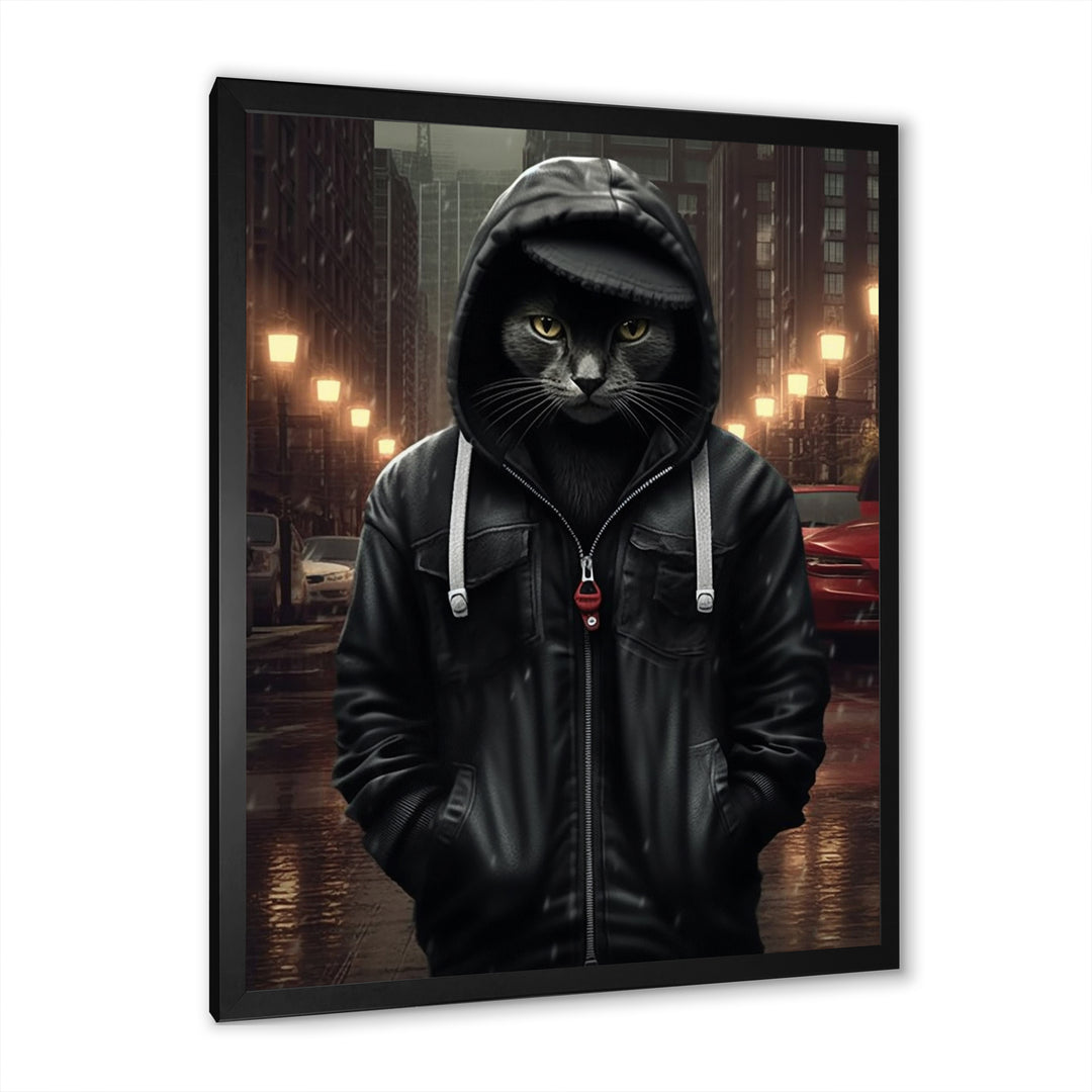 Cool Cat In Black Hoody Street Cred - Cat Framed Canvas Art