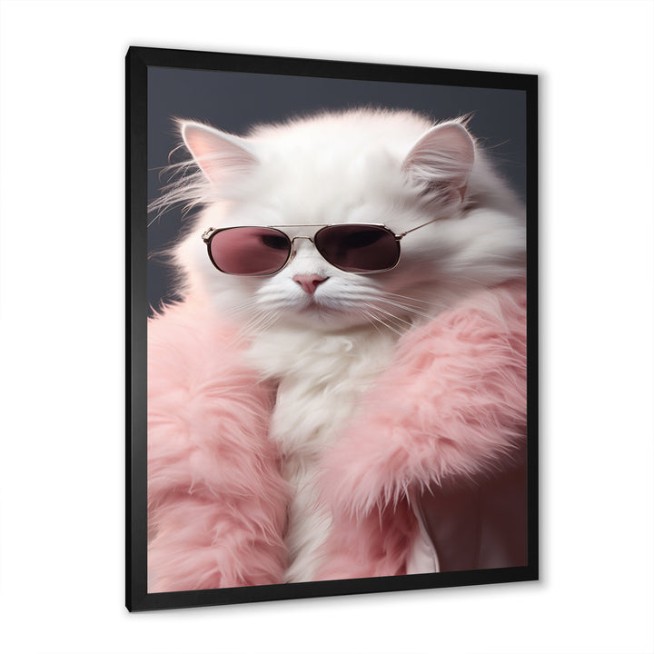 White Cat In Pink Fur Felline Attitude - Cat Wall Art Prints