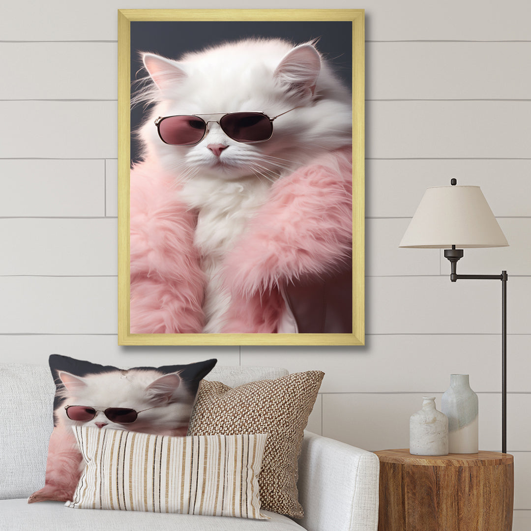 White Cat In Pink Fur Felline Attitude - Cat Wall Art Prints