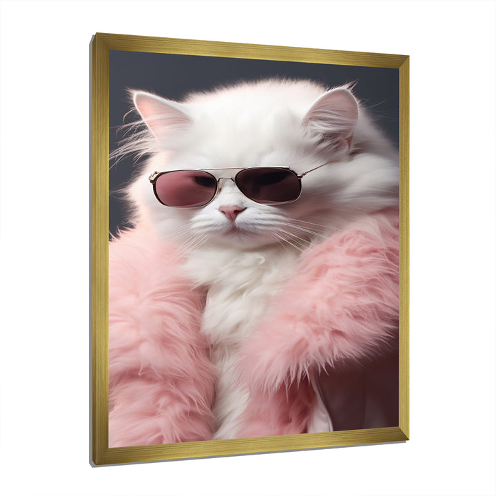 White Cat In Pink Fur Felline Attitude - Cat Wall Art Prints