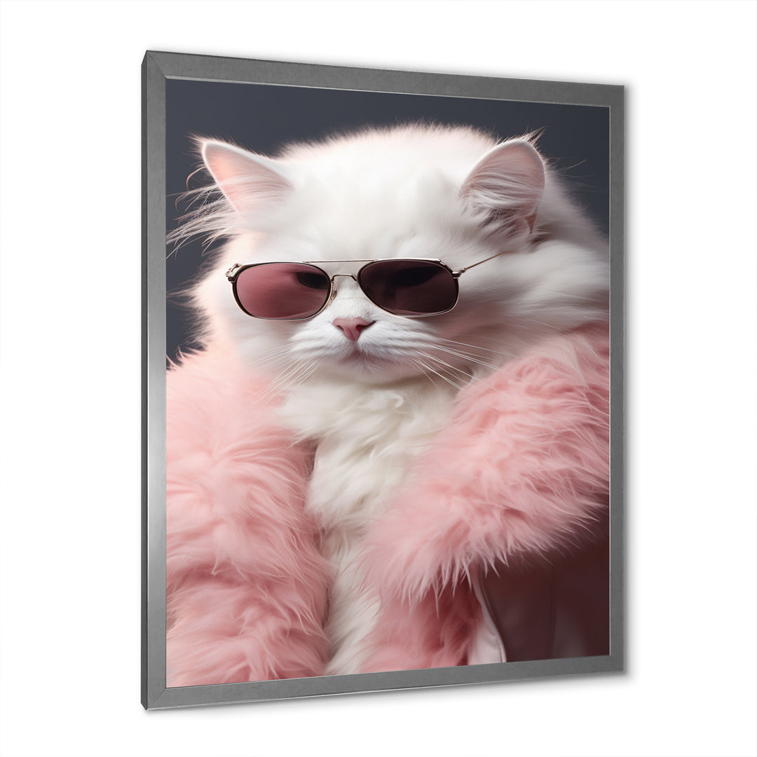 White Cat In Pink Fur Felline Attitude - Cat Wall Art Prints