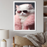 White Cat In Pink Fur Felline Attitude - Cat Wall Art Prints