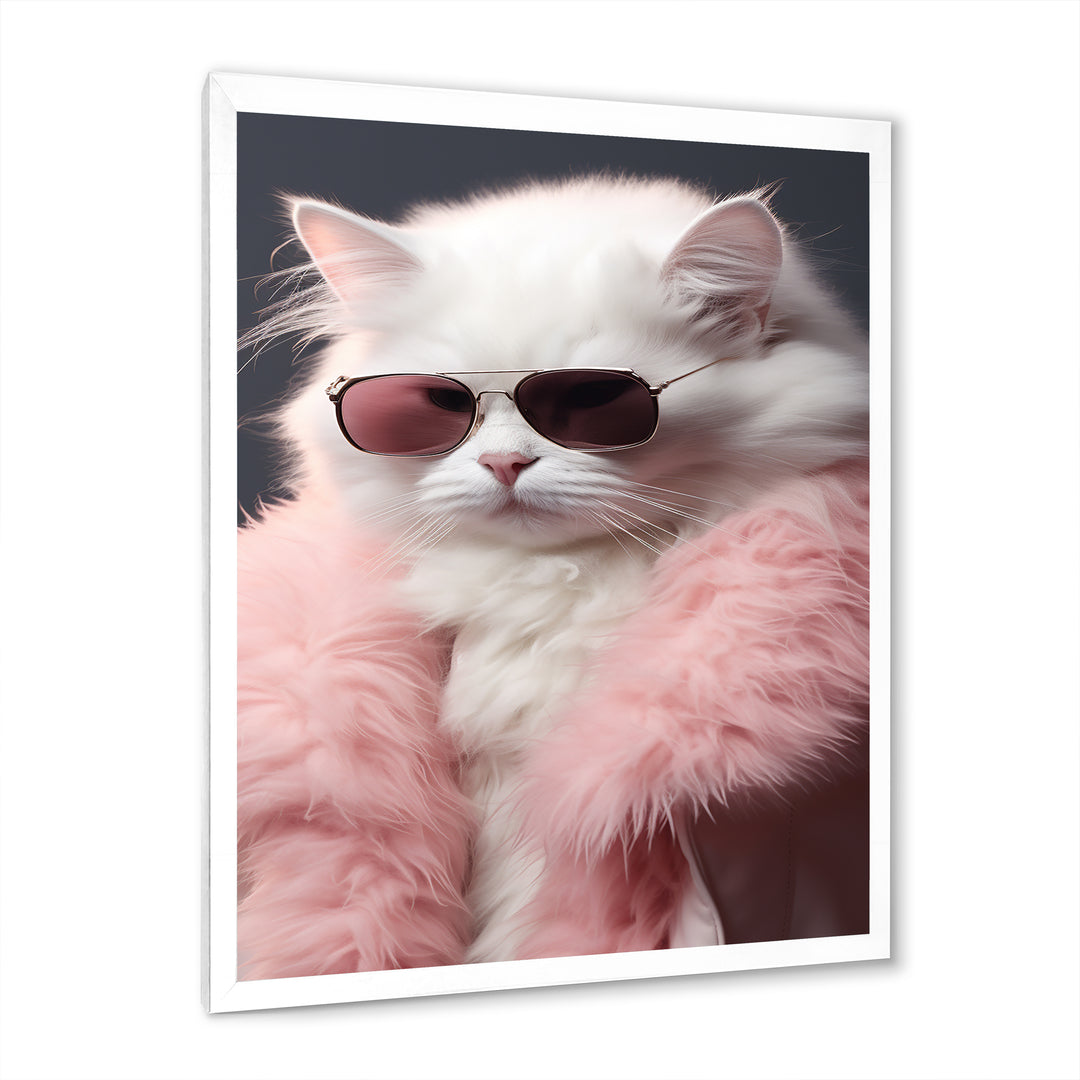 White Cat In Pink Fur Felline Attitude - Cat Wall Art Prints