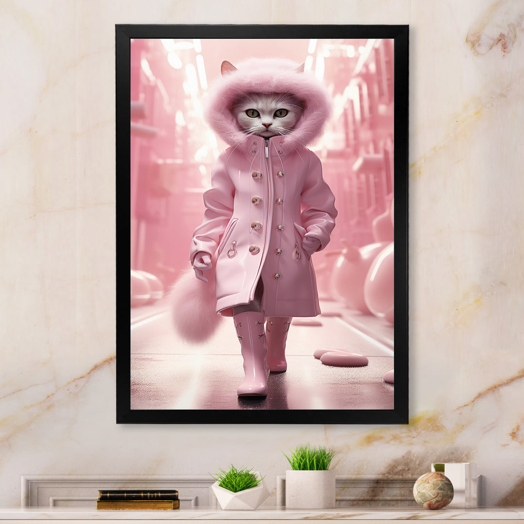 White Fashionista Cat In Pink Coat - Pink Cat Wall Art