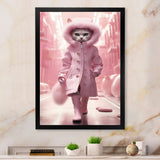 White Fashionista Cat In Pink Coat - Pink Cat Wall Art