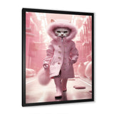 White Fashionista Cat In Pink Coat - Pink Cat Wall Art