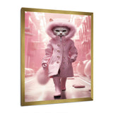 White Fashionista Cat In Pink Coat - Pink Cat Wall Art