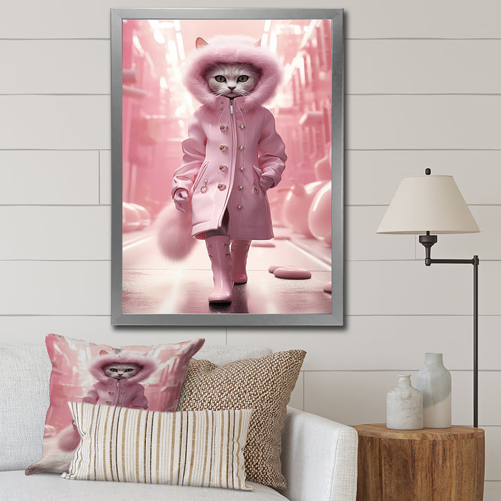 White Fashionista Cat In Pink Coat - Pink Cat Wall Art